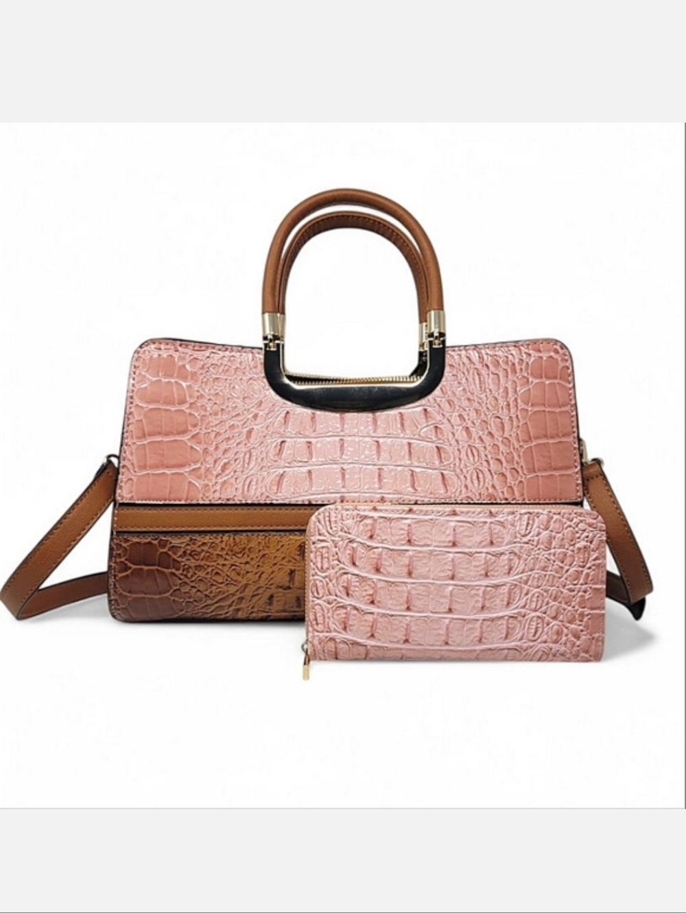 Pink and Brown Faux Croc Satchel Wallet Set